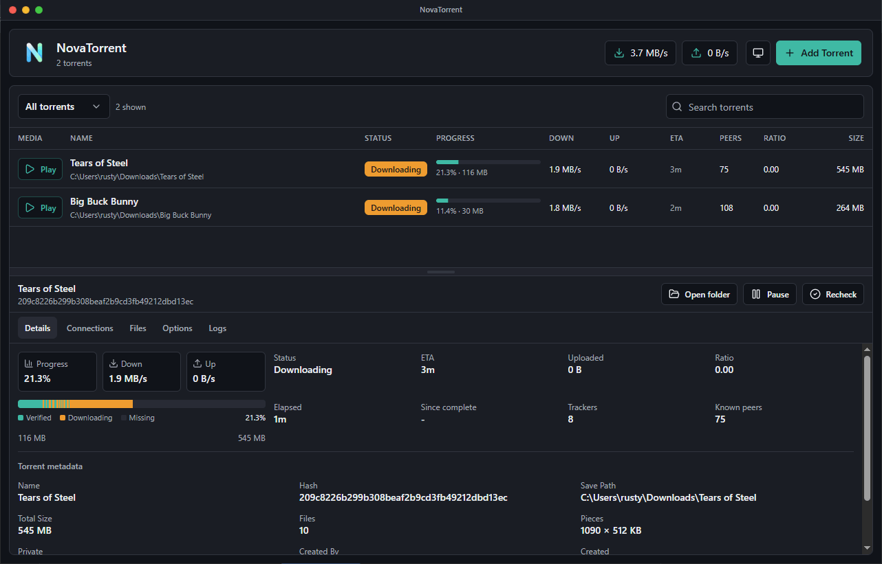 NovaTorrent dashboard